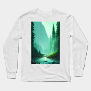 Greenish Nature Forest River Rocks Landscape Long Sleeve T-Shirt